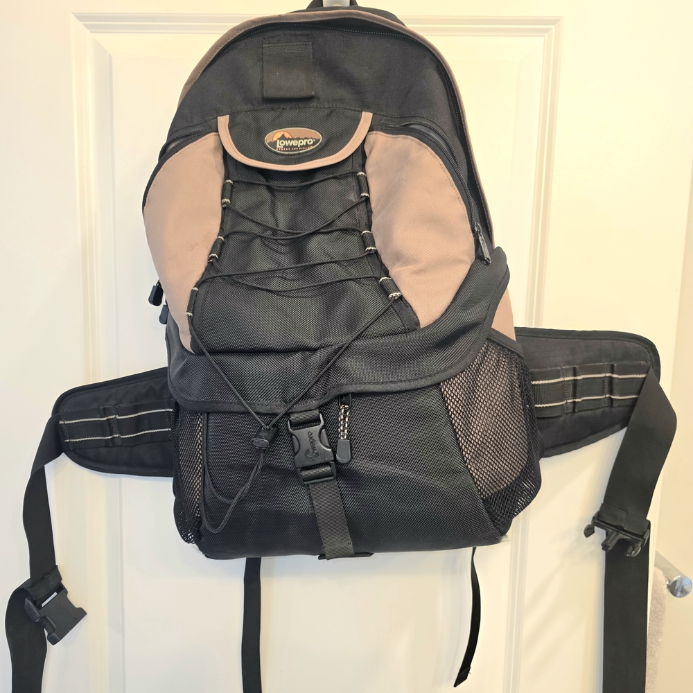 Lowepro Black and Tan Camera Backpack with Padded Gear Protection